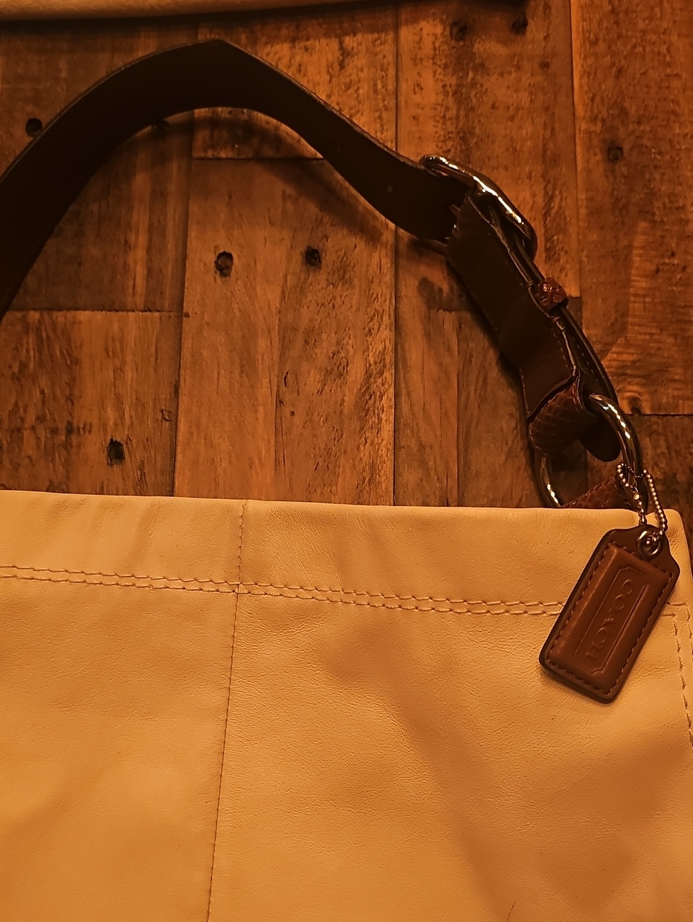 Coach Tan Leather Shoulder Bag with Dark Brown Strap